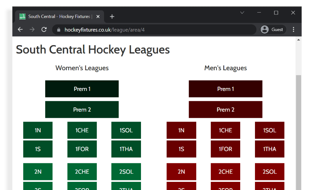 List of Hockey Area Leagues on browser